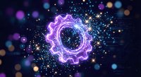 Glowing purple gear wheel with electric energy effects and sparkling particles on dark blue background for technology and innovation concepts.