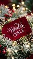 Winter sale tag on festive evergreen branches with glowing lights, pine cones, and red berries, evoking holiday shopping and seasonal promotions.