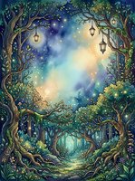 Enchanted forest scene with gnarled trees, hanging lanterns, and magical glowing lights creating a mystical woodland atmosphere suitable for fantasy illustrations and storybook designs.