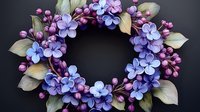 Delicate floral wreath with purple and blue hydrangea blooms, pink berries and soft green leaves arranged on dark background, suitable for seasonal decor.