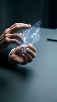 Senior male hands holding transparent holographic digital device with glowing data particles, representing future technology, innovation, and digital transformation for business and tech applications.