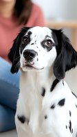 Adorable black and white spotted dog with expressive brown eyes sitting indoors with blurred woman owner in background for pet care and companionship concepts.