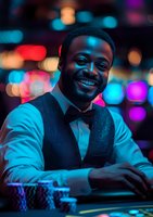 Smiling African American casino dealer in formal attire at gaming table with colorful bokeh lights in background creating vibrant nightlife atmosphere.