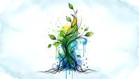 Watercolor tree with flowing roots and leaves in blue and green tones on white background. Artistic nature design for eco-friendly projects and organic branding.