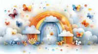 Magical rainbow arch with orange and blue butterflies among fluffy clouds and rain drops, creating whimsical nursery art atmosphere with soft pastel colors.