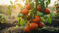 Fresh ripe tomatoes growing on vine in organic garden with warm sunlight. Homegrown vegetables ready for harvest in sustainable agriculture setting.