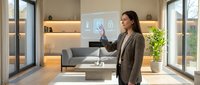Young Caucasian businesswoman controlling smart home security system via futuristic holographic interface in modern bright living room.
