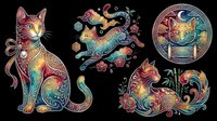 Colorful ornamental cat illustrations with intricate patterns, floral details, and mystical elements isolated on transparent background. Ready for t-shirt design, clipart, stickers, sublimation, and print-on-demand products.