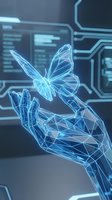 Digital holographic butterfly emerging from futuristic robotic hand with glowing blue wireframe design against high-tech interface background for innovation concepts.