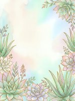 Watercolor succulent frame with pastel green and pink tones, gold outlines, and soft gradient background, perfect for cards and invitations.