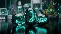 Three polished malachite stones with vibrant green swirled patterns displayed on reflective surface in modern interior setting for luxury decor concepts.