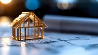 Golden miniature house model on architectural blueprints with soft bokeh background, representing real estate development, construction planning and home design.