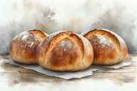 Fresh crusty sourdough bread loaves with golden brown crust and flour dusting on rustic wooden surface against moody atmospheric background.