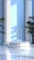 Clear glass of pure water on marble pedestal with classical white columns and palm plants, sunlight casting soft shadows in luxurious interior setting.
