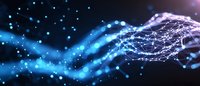 Digital hands reaching toward each other with glowing network connections against dark background, representing artificial intelligence and technological connection.