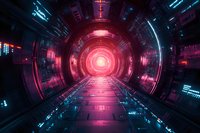 Futuristic sci-fi tunnel with glowing pink and blue neon lights creating circular perspective. Digital corridor with bright center point leads into infinity. Cyberpunk atmosphere.