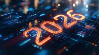 Glowing orange 2024 number on circuit board with blue technology background and bokeh lights creates futuristic new year concept for business and tech designs.