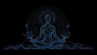 Glowing blue line art meditation figure in lotus pose with radiating energy circles on black background for wellness and spiritual design projects.