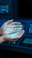 Hands holding glowing digital hologram with circuit patterns in futuristic tech environment, representing innovation, artificial intelligence, and advanced technology solutions.