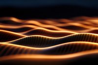 Abstract glowing orange waves on dark background create dynamic flowing pattern with light and shadow effects, suitable for technology and motion designs.