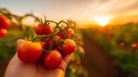 Fresh ripe cherry tomatoes on vine held against golden sunset background in agricultural field, showcasing organic farming and natural produce at harvest time.
