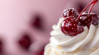 Fresh red cherries on top of swirled white cream dessert topping, extreme close up with soft pink background and selective focus creating appetizing mood.