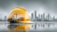 Yellow construction hard hat with crane reflection on concrete surface against blurred city skyline background for safety and building industry concepts.