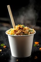 Steaming hot Asian noodles with vegetables and crispy toppings in white takeout container against dark background, perfect for food delivery menus.