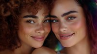 Two young women with curly and straight hair smiling together, displaying natural beauty and freckles. Suitable for lifestyle, friendship, diversity, and beauty campaigns.