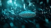 Glowing fingerprint pattern on dark surface with turquoise bokeh lights and reflective particles creating futuristic cybersecurity concept for digital identity protection.