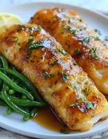 Pan-seared salmon fillets with golden crust, fresh green beans, and herb garnish on white plate. Restaurant-quality seafood dinner presentation.