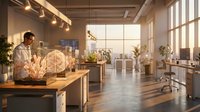 Young Asian male scientist examining molecular structure hologram in modern laboratory with natural lighting and contemporary workspace design.