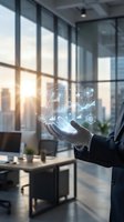 Businessman hand presenting holographic data analytics icons in modern office with city skyline view at sunset for business intelligence presentations.