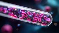 Macro shot of glass test tube containing pink and purple glittery substance against dark background with bokeh effect, scientific laboratory research concept.