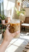 Person holding iced coffee drink in bright sunlit room with potted plants and wooden furniture in background. Refreshing beverage.