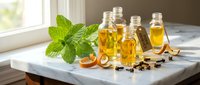 Natural essential oils in glass bottles with fresh mint leaves and spices on white marble surface. Aromatherapy wellness spa treatment concept.