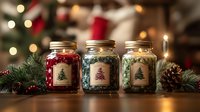 Three decorative glass jars with vintage Christmas tree labels filled with colorful potpourri, arranged with pine cones and evergreen branches against blurred holiday lights.