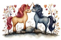 Romantic unicorn couple in watercolor style with floral elements and hearts, golden and blue magical creatures standing on rocks against white background.