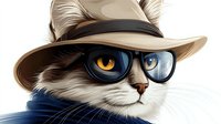Stylish ragdoll cat wearing retro glasses and fedora hat against white background, digital art illustration for fashion and pet themed designs.
