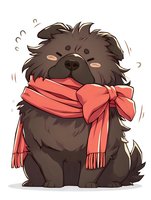 Adorable fluffy black chow chow puppy wearing oversized coral pink scarf with bow. Cartoon style illustration with motion lines and cute expression.