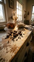 Rustic kitchen scene with steaming copper pot, scattered spices on weathered wooden table, warm sunlight streaming through windows creating cozy cooking atmosphere.