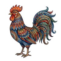 Ornamental rooster with intricate patterned feathers in vibrant orange, blue, and gold tones, isolated on white background for design projects and decorative applications.