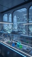 Futuristic laboratory interior with glowing molecular structures, scientific equipment and holographic DNA displays for research and biotechnology concepts.