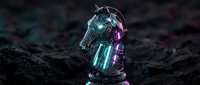 Futuristic metallic chess knight piece with glowing neon lights on dark rocky surface for gaming and strategy concepts.