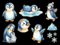 Cute watercolor penguin clipart set isolated on transparent background, ready for stickers, t-shirt design, print on demand, and sublimation projects.