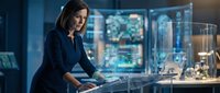 Woman in dark business attire working at desk with multiple digital screens displaying data analytics and city skyline visible through windows at night.