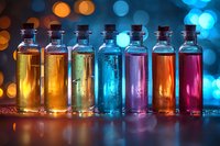 Colorful glass bottles with liquid in row against blurred bokeh background, illuminated by vibrant blue and orange lights creating magical atmosphere.
