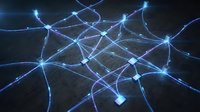 Abstract blue glowing network nodes connected by luminous lines on dark background, representing digital connectivity, data transfer, technology infrastructure, and communication systems for web design and tech concepts.
