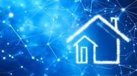 Glowing house icon on blue digital network background representing smart home technology and connected living solutions.