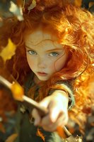 Young woman with vibrant red curly hair and freckles gazes intensely through autumn leaves, backlit by golden sunlight creating magical forest atmosphere.